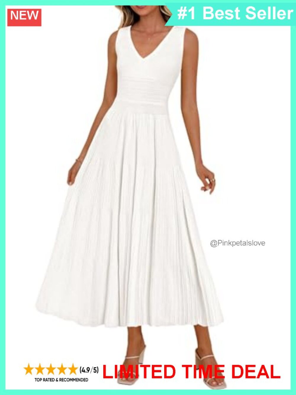 V Neck Pleated A Line Midi Dress Sleeveless Cocktail Wedding Guest